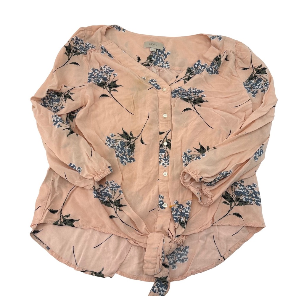 Loft Outlet Peach Floral Tie Front Button Up Blouse women's Medium